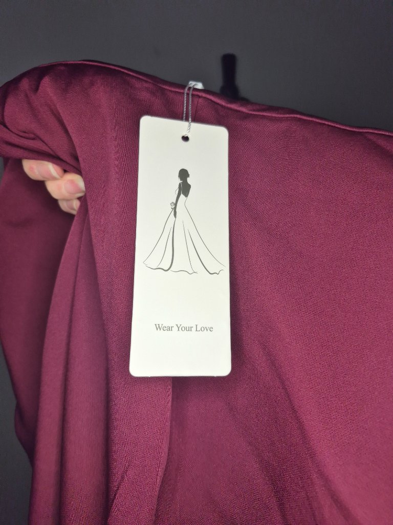 Mondressy Womens Burgundy Crepe Faux Wrap Long Evening Dress Wedding Guest Nwt — image 5 of 8